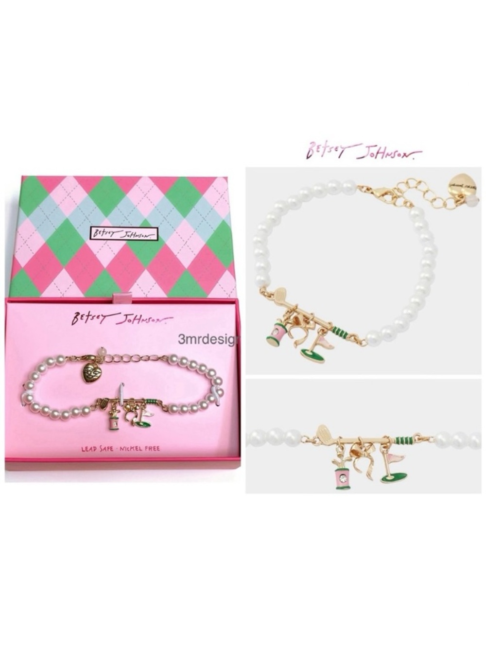 NWT Betsey Johnson 💋GOLF FRONTAL Gold Tone Glass Crystals/ Faux Pearl Bracelet